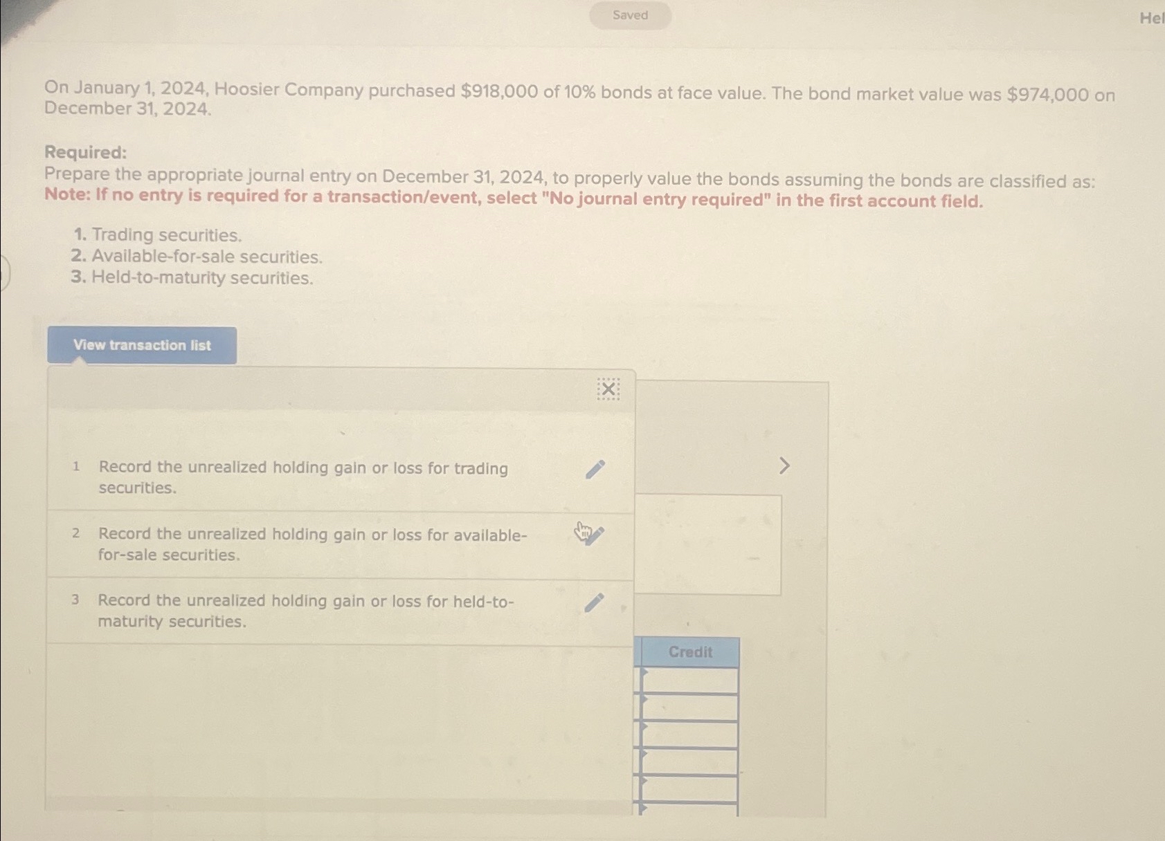  Saved On January 1,2024, Hoosier Company purchased $918,000 of 10% bonds