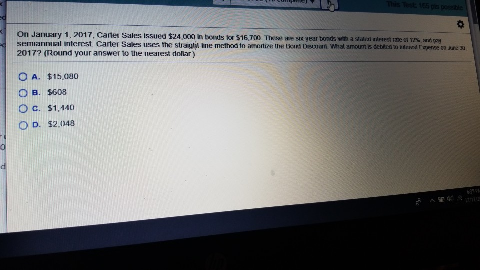  This Test: 165 pls possible On January 1, 2017, Carter Sales