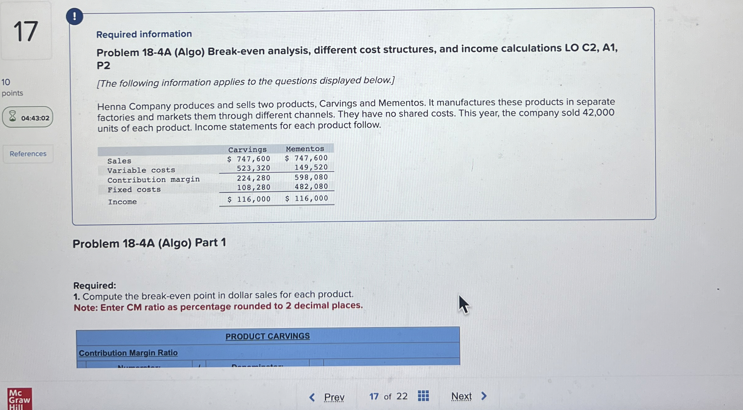  17 ! 10 points 04:43:02 References Required information Problem 18-4A (Algo)
