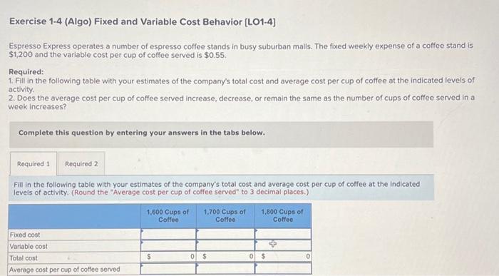  Exercise 1-4 (Algo) Fixed and Variable Cost Behavior [LO1-4] Espresso Express