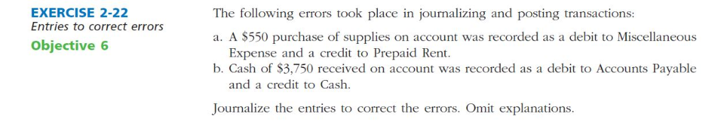  The following errors took place in journalizing and posting transactions: EXERCISE