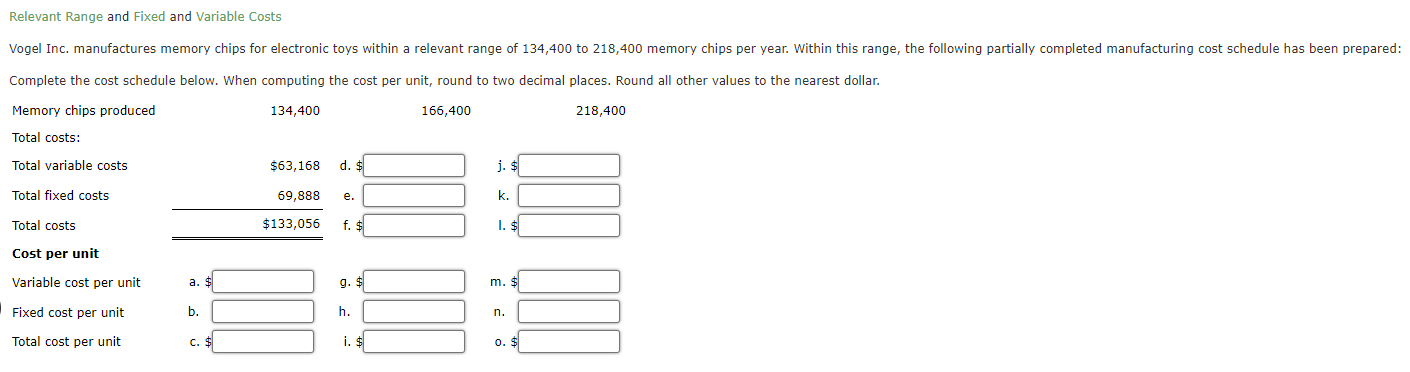  Relevant Range and Fixed and Variable Costs Complete the cost schedule