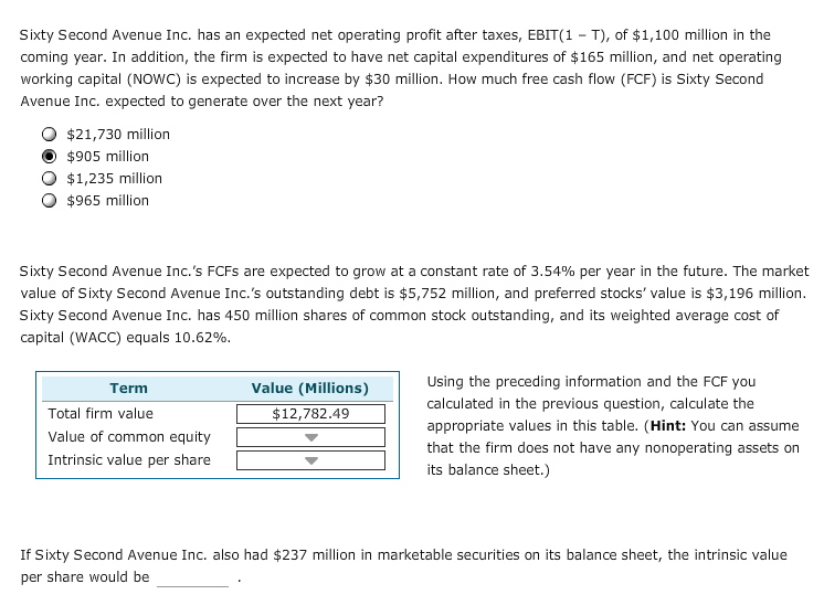 Question1 Sixty Second Avenue Inc. has an expected net operating profit after