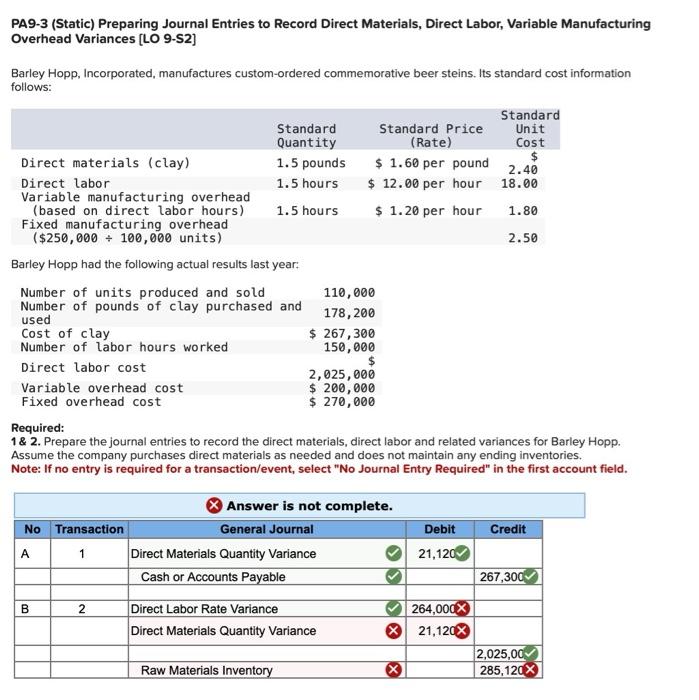  PA9-3 (Static) Preparing Journal Entries to Record Direct Materials, Direct Labor,