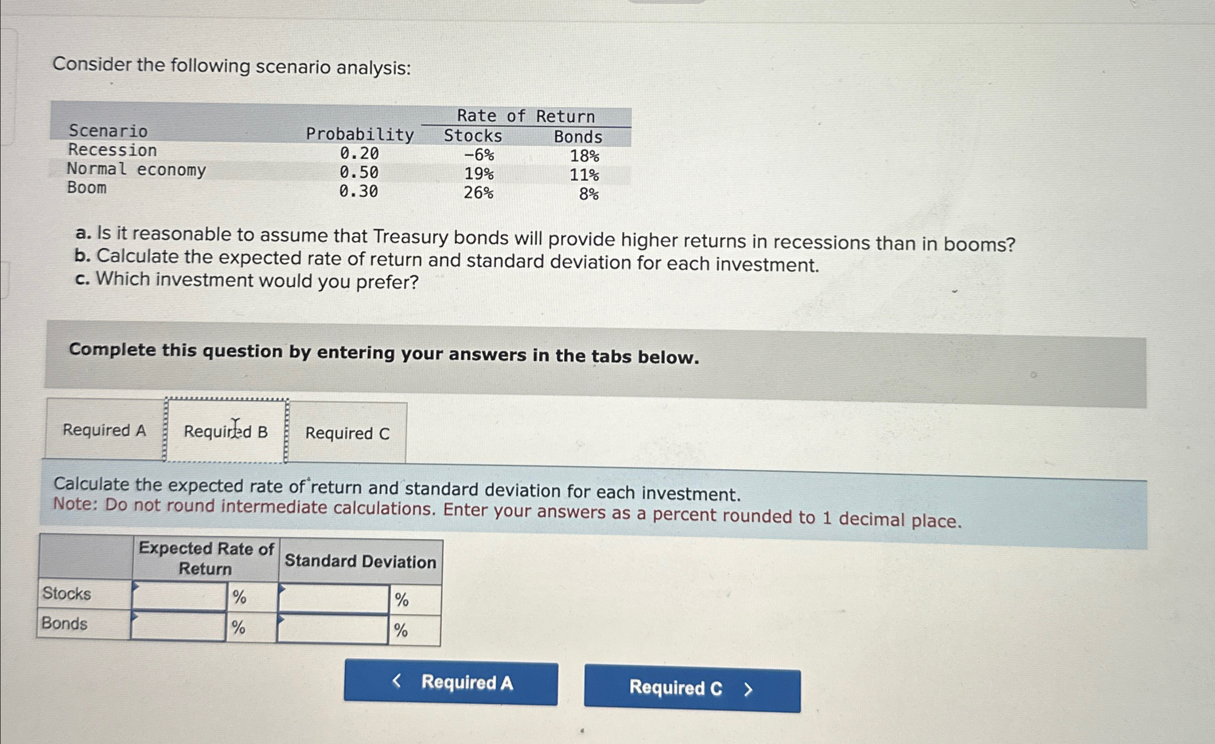  Consider the following scenario analysis: \table[[Scenario,Probability,Rate of Return],[Stocks,Bonds],[Recession,0.20,-6%,18% 