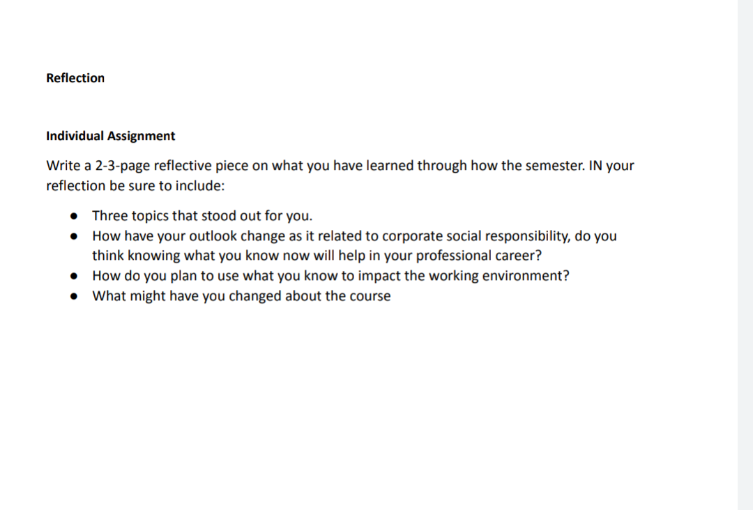 Reflection Individual Assignment Write a 2-3-page reflective piece on what you