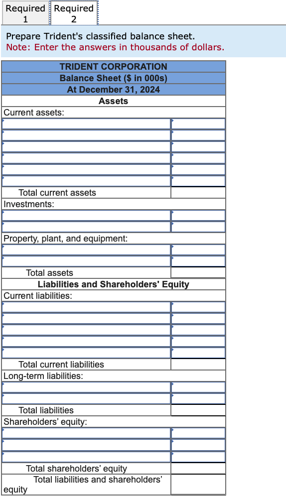 Corporation at December 31, 2024. Required: Determine the missing amounts. Prepare Trident's