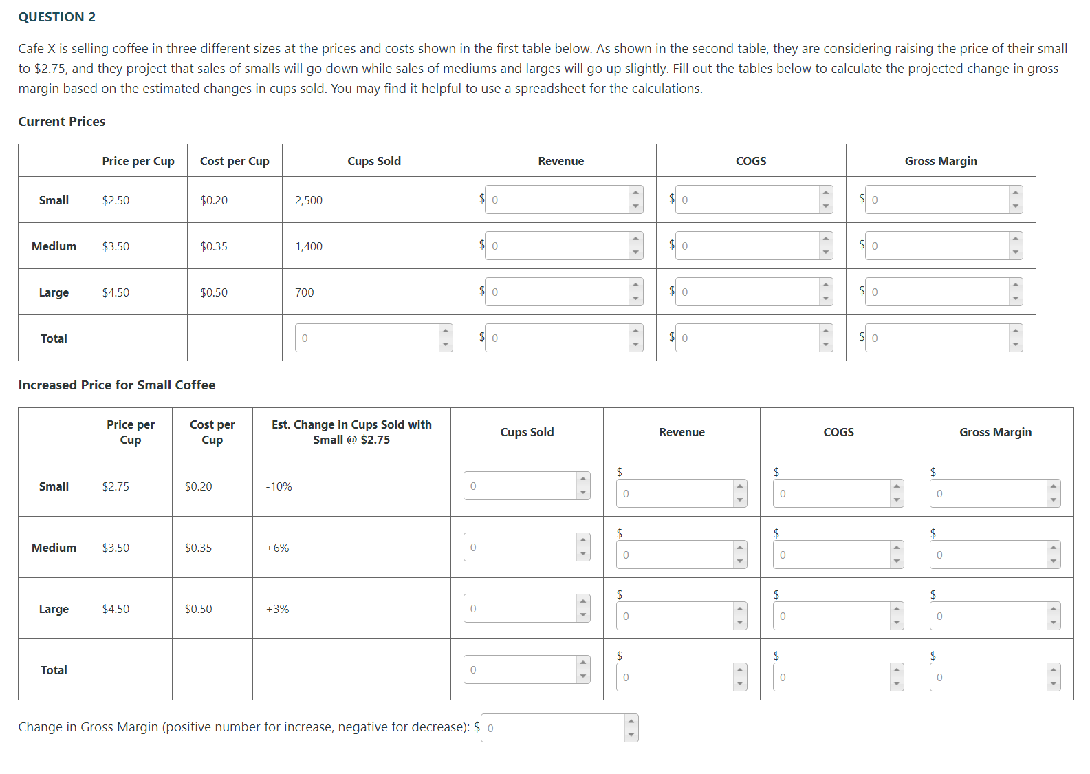  QUESTION 2 Cafe x is selling coffee in three different sizes