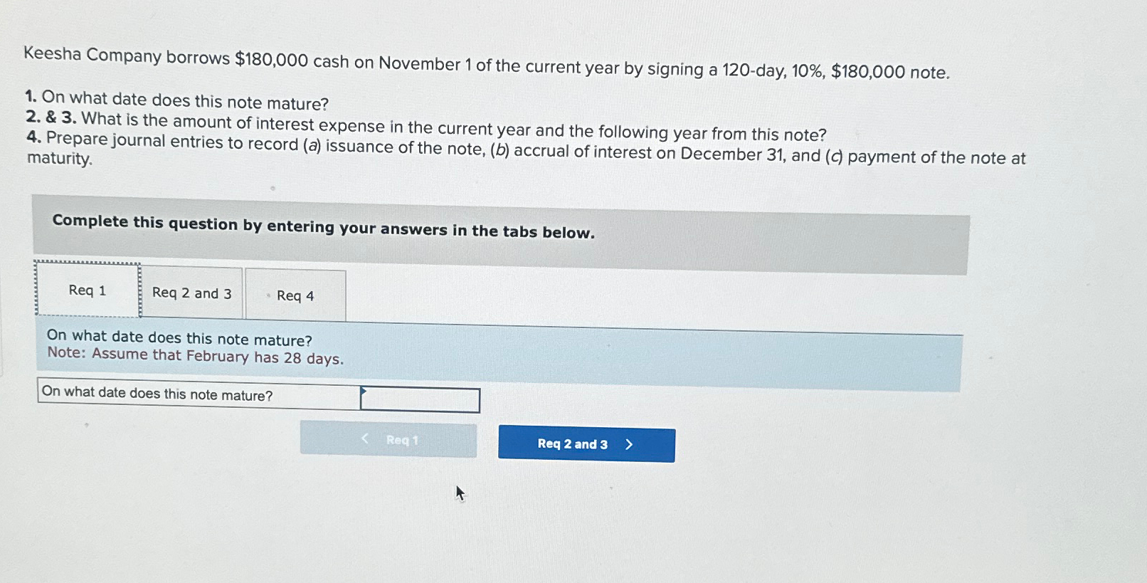  Keesha Company borrows $180,000 cash on November 1 of the current