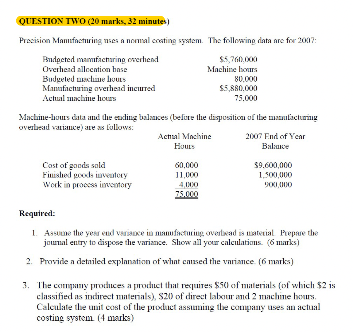  QUESTION TWO (20 marks, 32 minutes) Precision Manufacturing uses a normal
