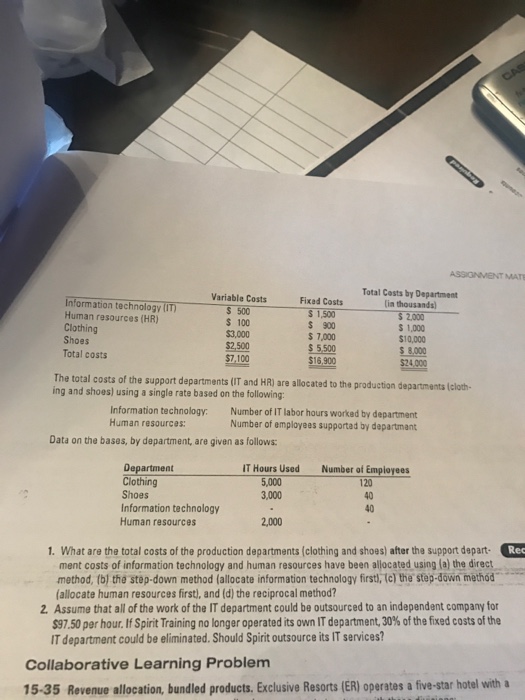  ASSIGNMENT MATE Total Costs by Department ia thousands) Information technology IT)