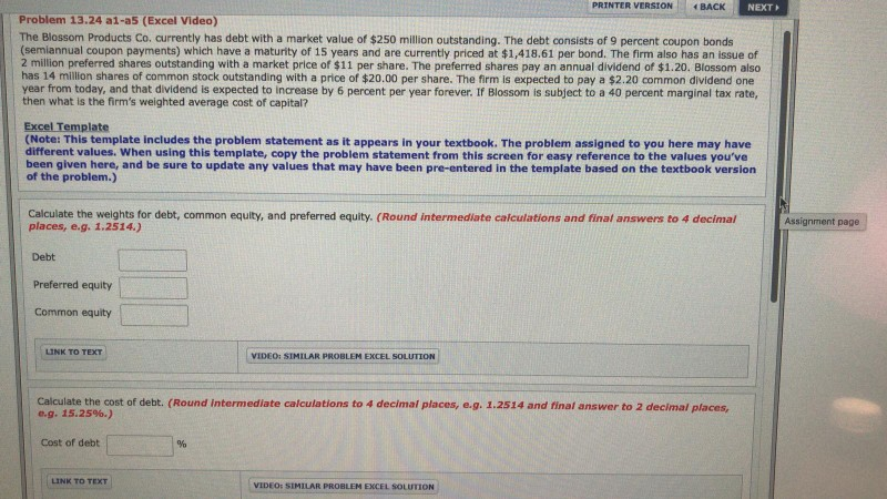 PRINTER VERSIONBACK NEXT> Problem 13.24 a1-a5 (Excel Video) The Blossom Products