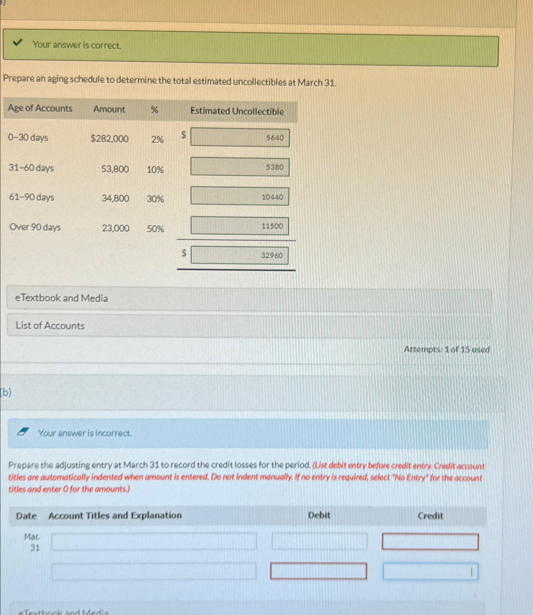  Your answer is correct. Prepare an aging schedule to determine the