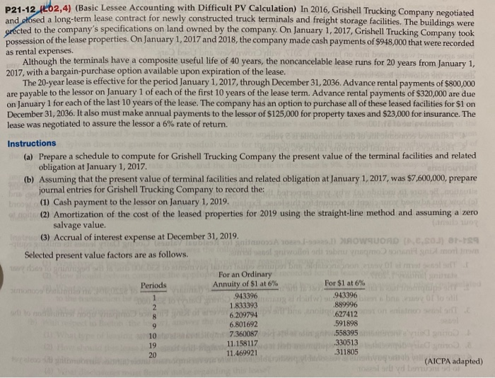  P21-12 462,4) (Basic Lessee Accounting with Difficult P Calculation) In 2016,