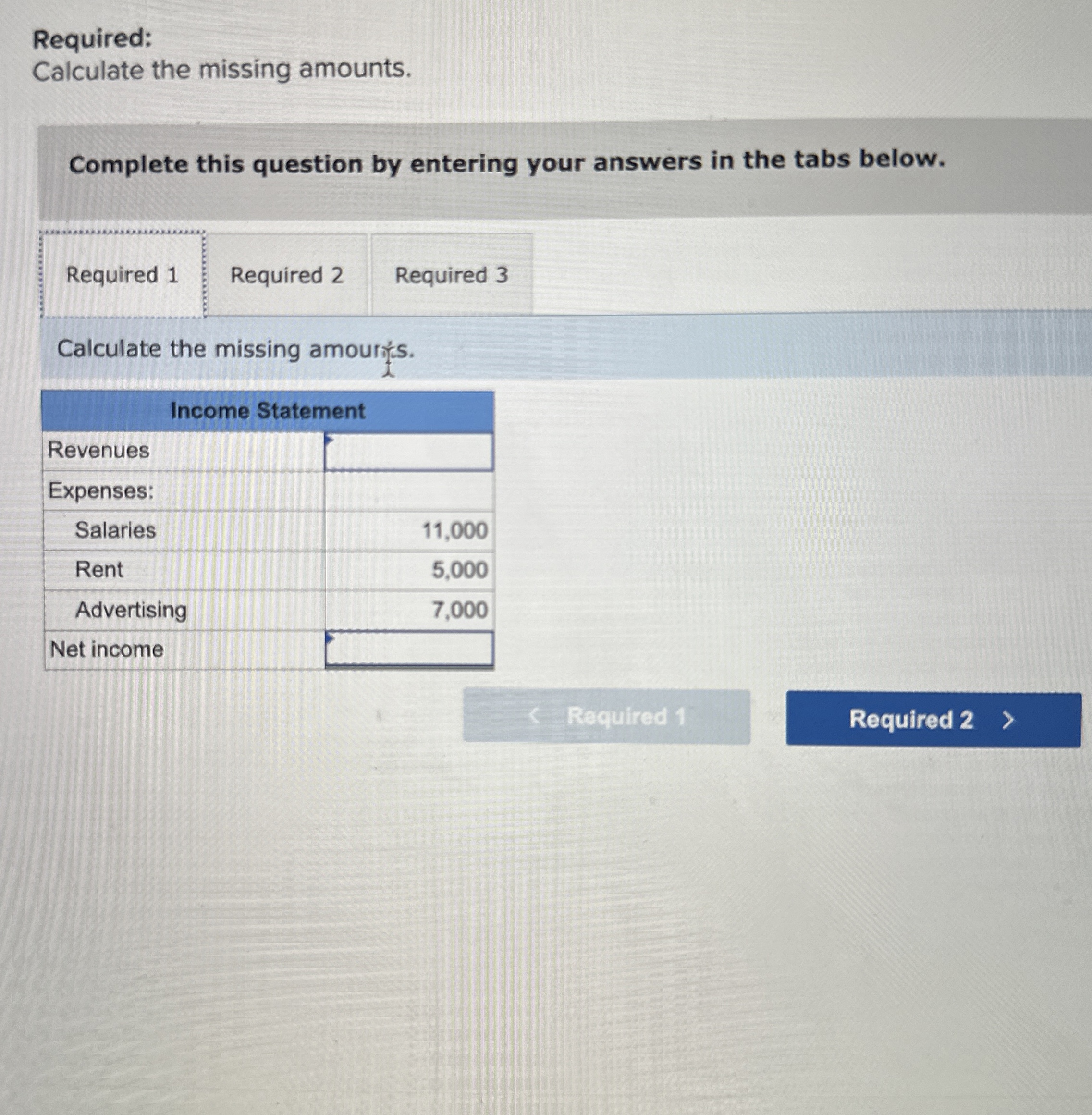  Required: Calculate the missing amounts. Complete this question by entering your