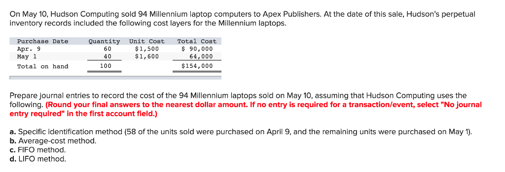  On May 10, Hudson Computing sold 94 Millennium laptop computers to