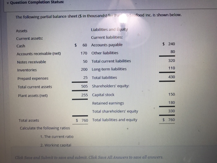  Question Completion Status: aefood Inc. is shown below The following partial