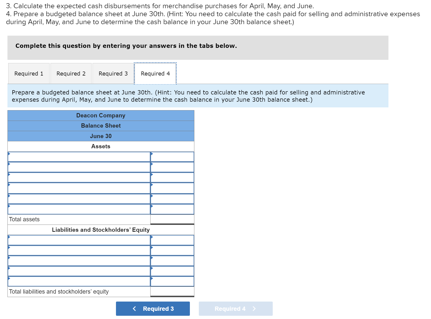 a budgeted balance sheet at June 30th. (Hint: You need to calculate