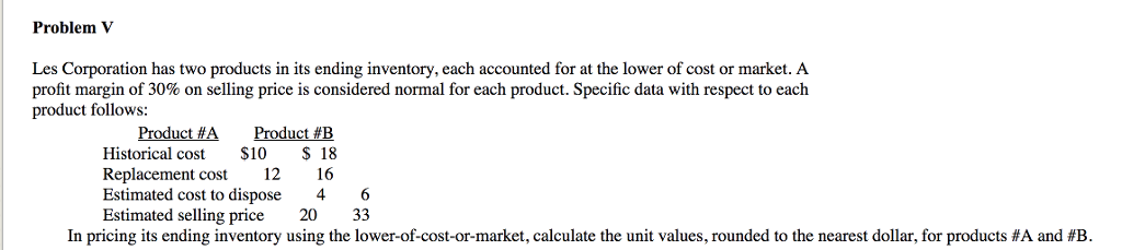  Problem V Les Corporation has two products in its ending inventory,