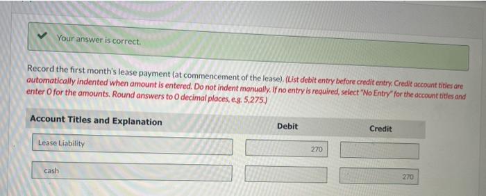 (at commencement of the lease). (List debit entry before credit entry, Credit