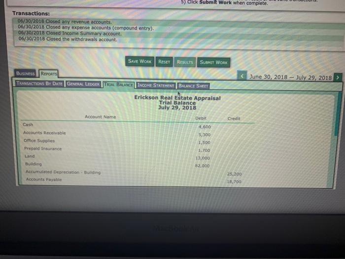 Erickson Real Estate Appraisal has completed all necessary transactions and adjusting entries