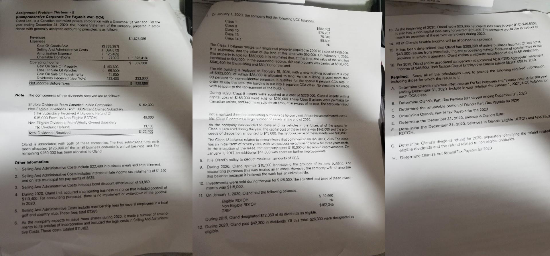  Assignment Problem Thirteen - 5 (Comprehensive Corporate Tax Payable With CCA)