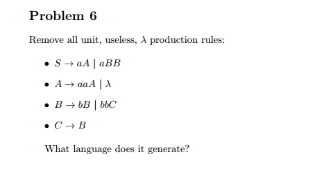  Problem 6 Remove all unit, useless, ? production rules What language