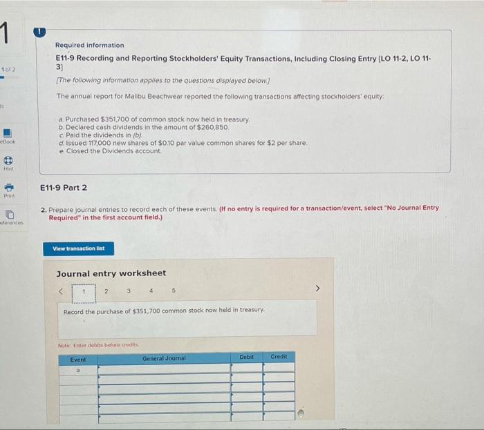  U 1012 Required information E11-9 Recording and Reporting Stockholders' Equity Transactions,