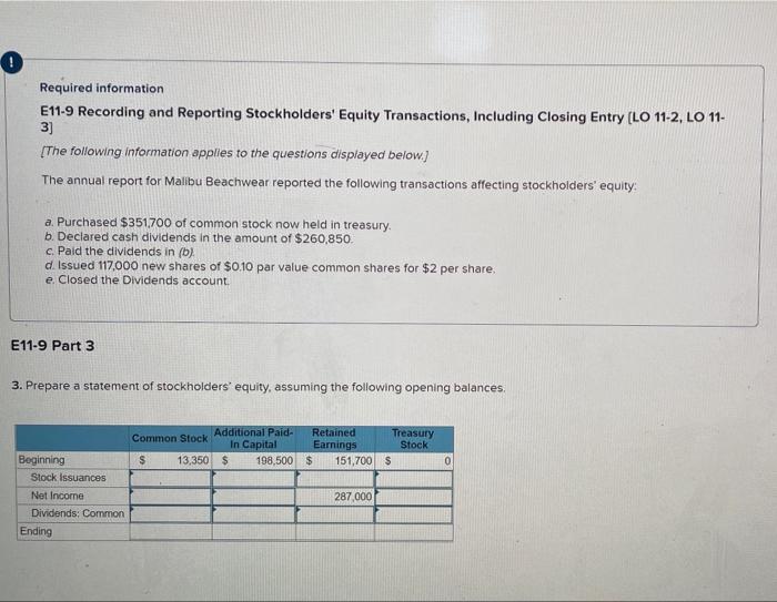 including Closing Entry [LO 11-2, LO 11- 3) [The following information applies