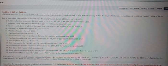  lent CALCHATOR HENTE Problem 5-02A - (Video) Cullumber Hardware Store completed