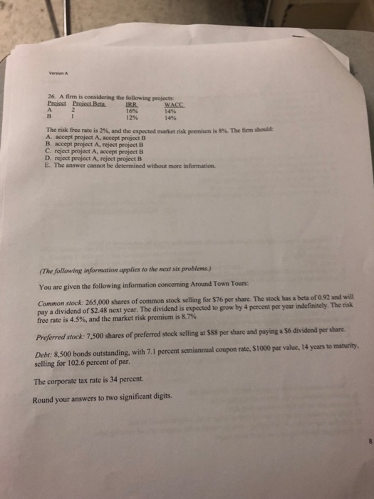  version A 26. A firm is considering the following projects 16%