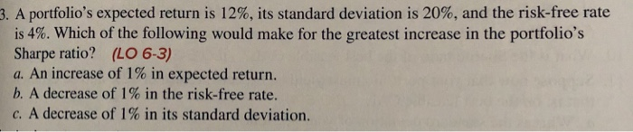  A portfolio's expected return is 12%, its standard deviation is 20%,