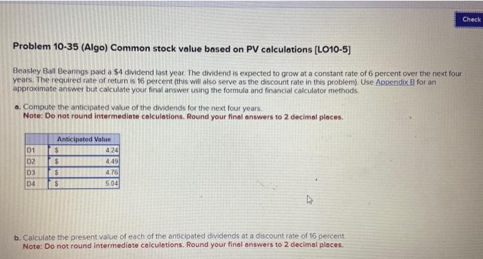  Problem 10-35 (Algo) Common stock value based on PV calculations [LO10-5]