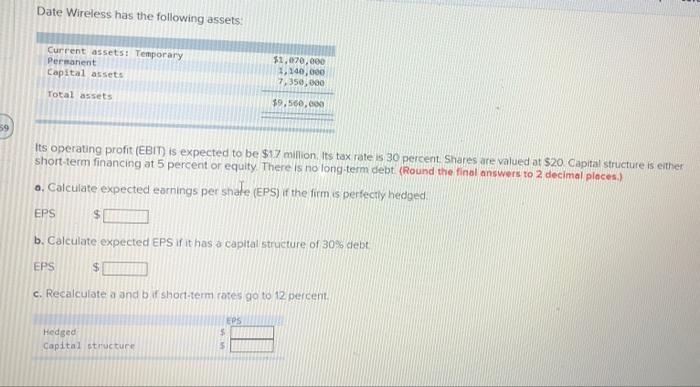  Date Wireless has the following assets. Current assets: Temporary Permanent Capital