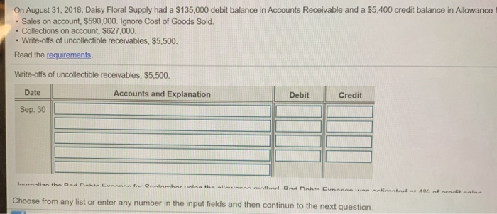balance in Allowance for Bad Debts. During Septem Sales on account, $590,000.