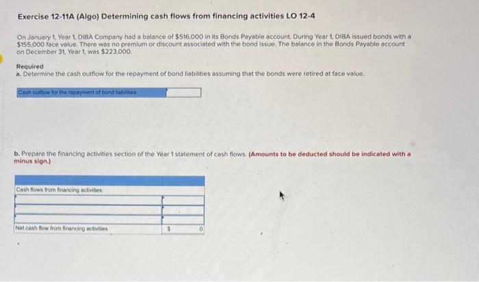  Exercise 12-11A (Algo) Determining cash flows from financing activities LO 12-4
