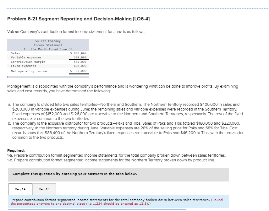  Problem 6-21 Segment Reporting and Decision-Making L06-4] Vulcan Company's contribution format