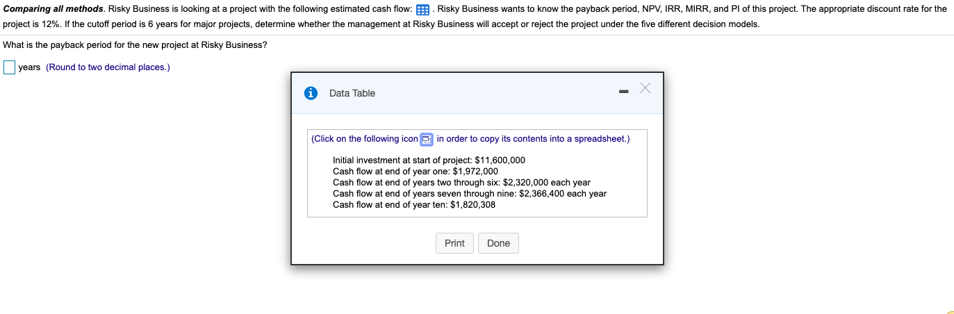 Comparing all methods. Risky Business is looking at a project with