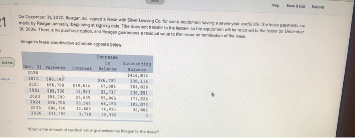  Help Save & Exit Submit On December 31, 2020, Reagan Inc.