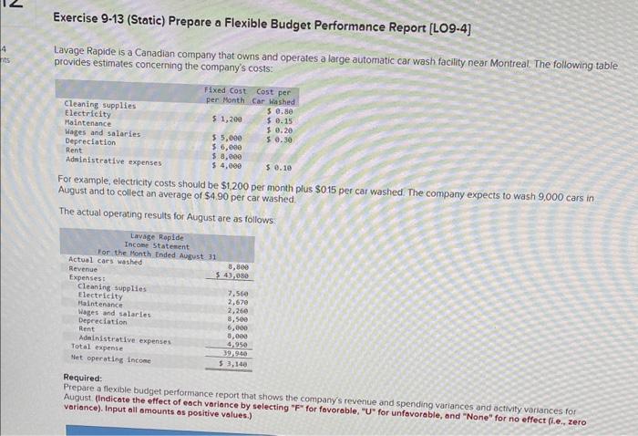  Exercise 9.13 (Static) Prepare a Flexible Budget Performance Report [LO9-4] Lavage
