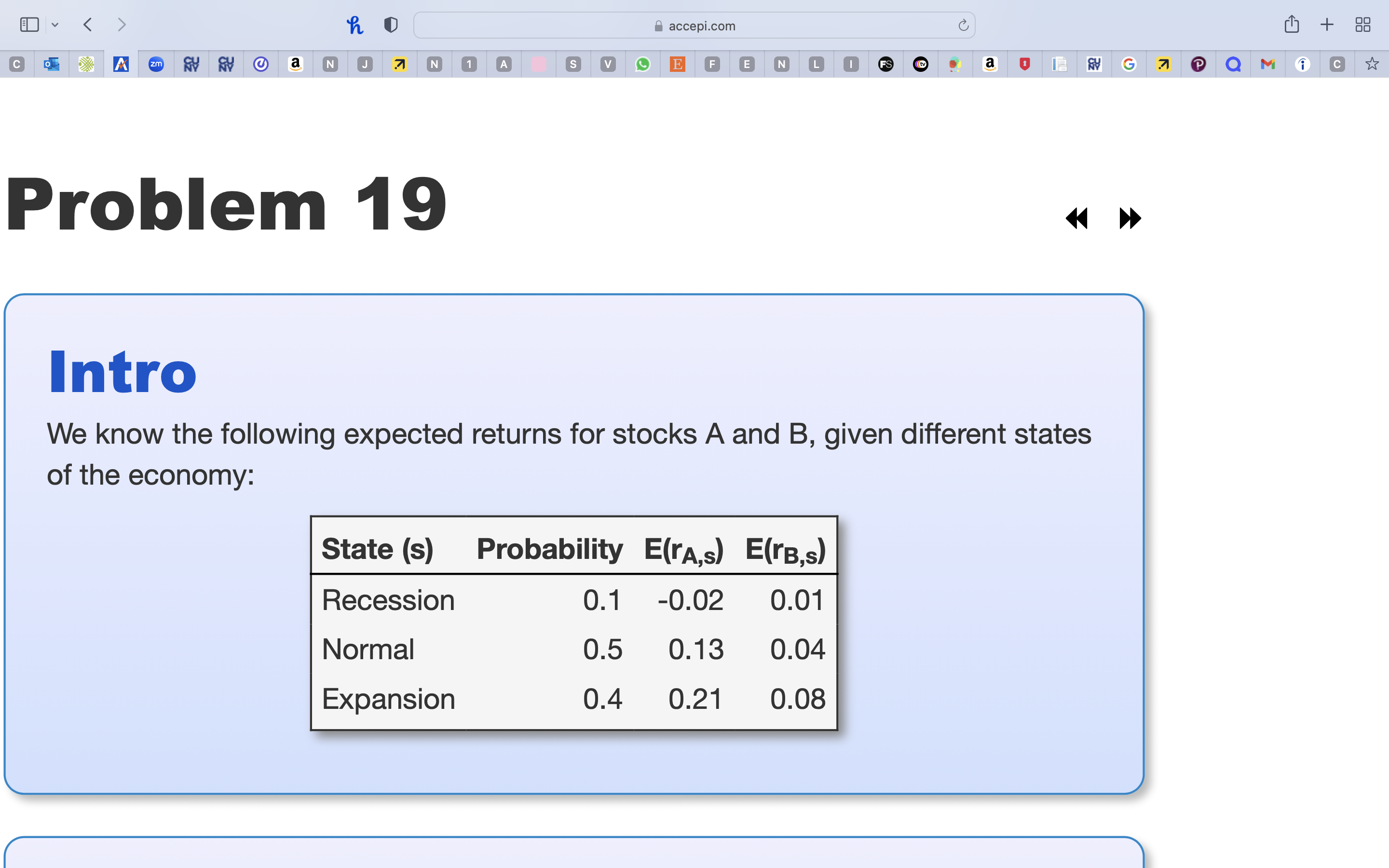  What is the expected return for stock A? Part 2 What