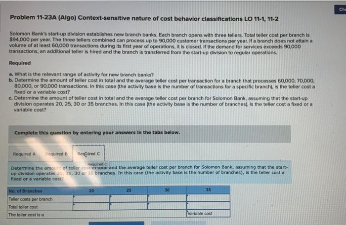  Ch. Problem 11-23A (Algo) Context-sensitive nature of cost behavior classifications LO