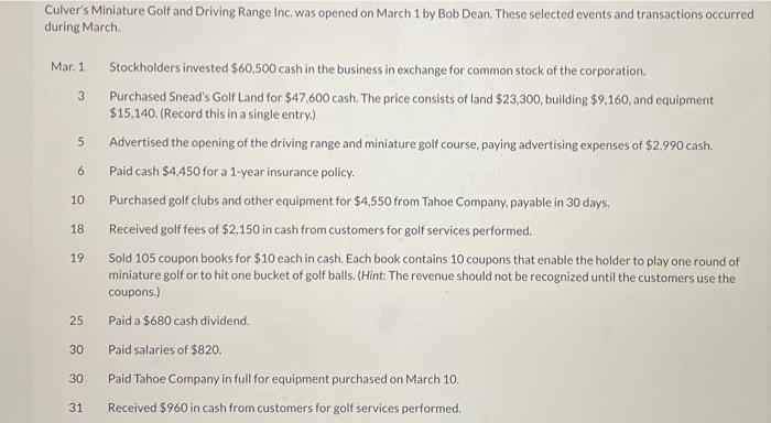  Culver's Miniature Golf and Driving Range Inc. was opened on March