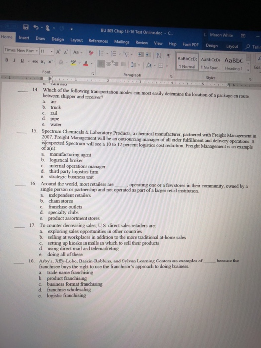  BU 305 Chap 13-16 Test Online.doc C.. Insert Draw Design Layout