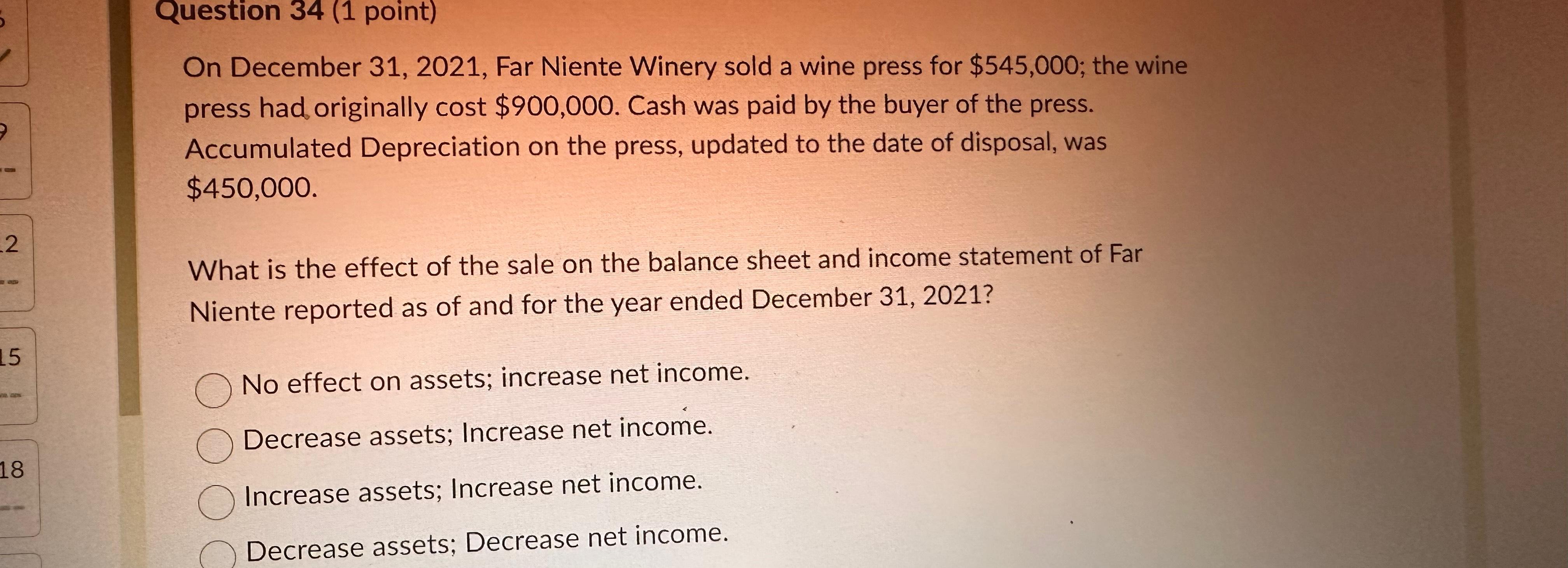  Question 34(1 point) On December 31,2021, Far Niente Winery sold a