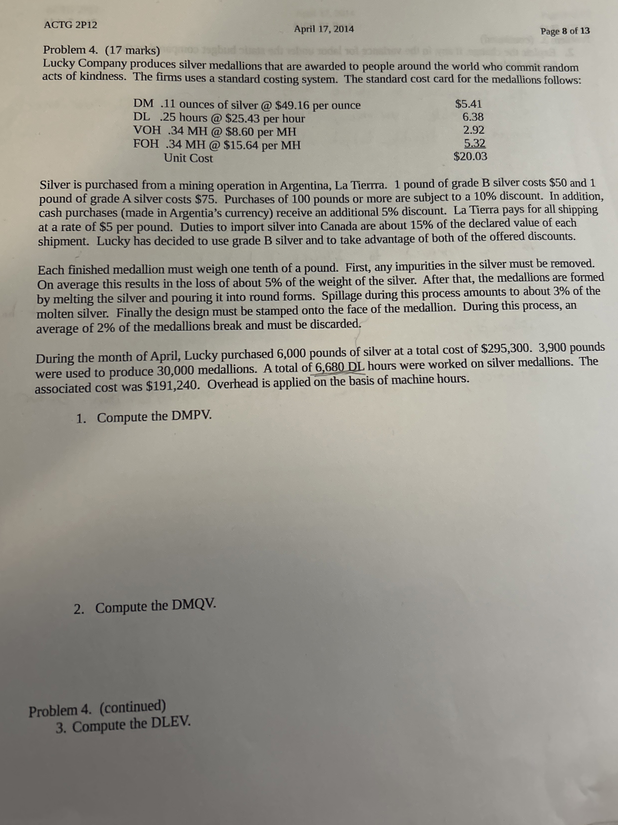  ACTG 2P12 April 17,2014 Page 8 of 13 Problem 4.(17 marks)