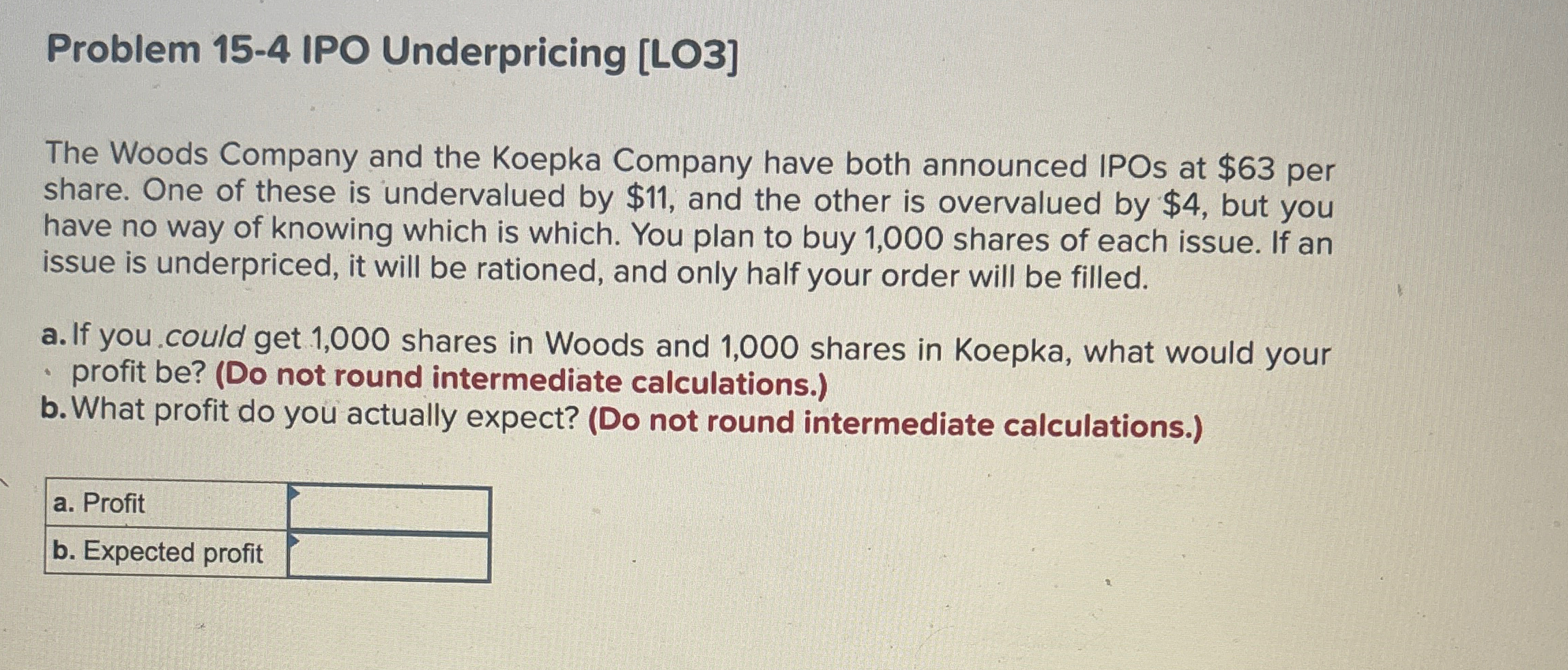  Problem 15-4 IPO Underpricing [LO3] The Woods Company and the Koepka