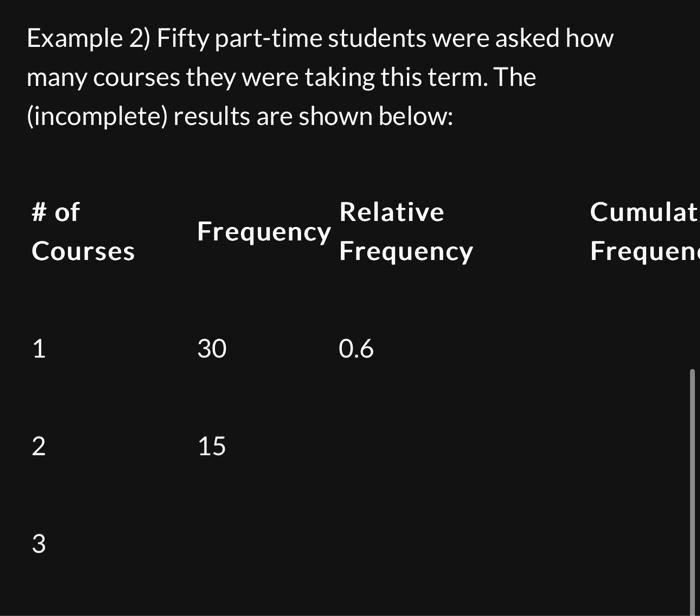  Example 2) Fifty part-time students were asked how many courses they