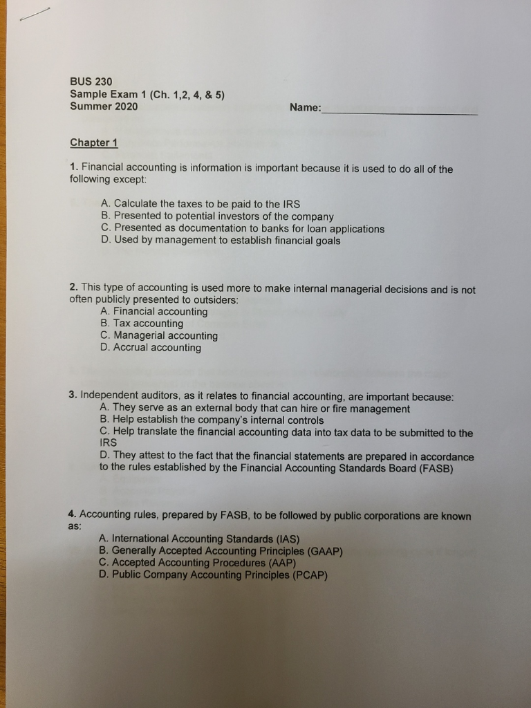  BUS 230 Sample Exam 1 (Ch. 1,2, 4, & 5) Summer