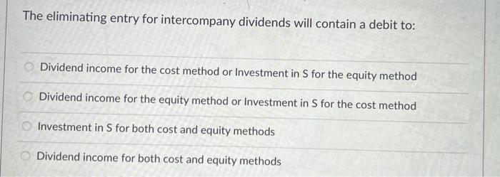 Need asap will upvote :) The eliminating entry for intercompany dividends will